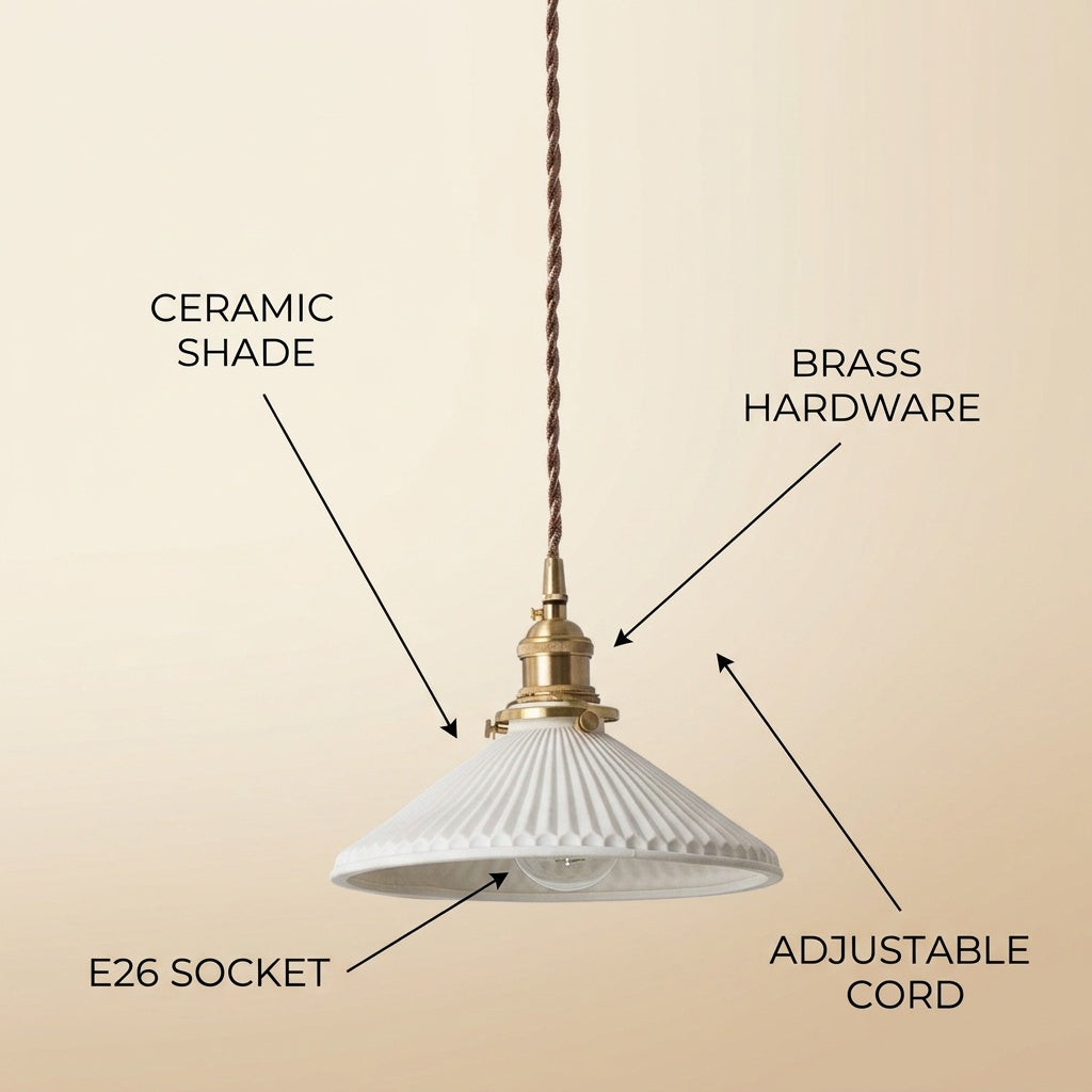 Kitchen Modern White Ceramic Brass Pendant Light infographic - Syvah