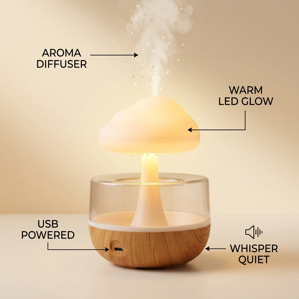 Aroma Diffuser Mushroom Lamp Hybrid USB LED Mood L infographic - Syvah