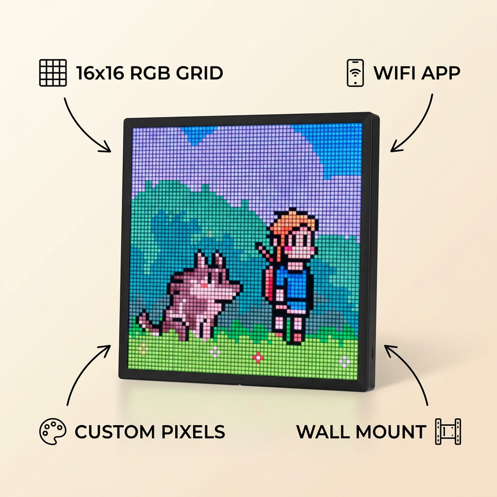 Pixel Art LED Display Panel WiFi Smart 16x16 RGB W infographic - Syvah