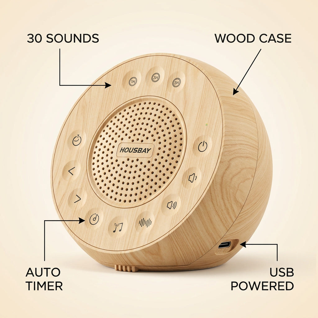 White Noise Sound Machine Premium Wood Case Sleep  infographic - Syvah