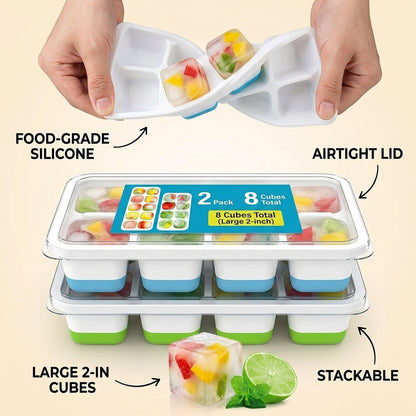 Reusable Silicone Ice Cube Tray with Lid Stackable infographic - Syvah