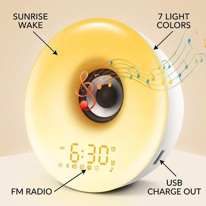 Smart Sunrise Alarm Clock Bluetooth Speaker FM Rad infographic - Syvah