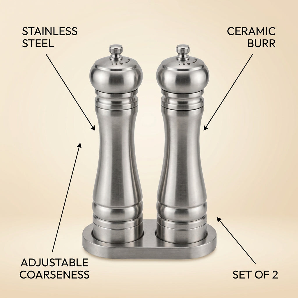 Ceramic Salt and Pepper Grinder Set Adjustable Coa infographic - Syvah