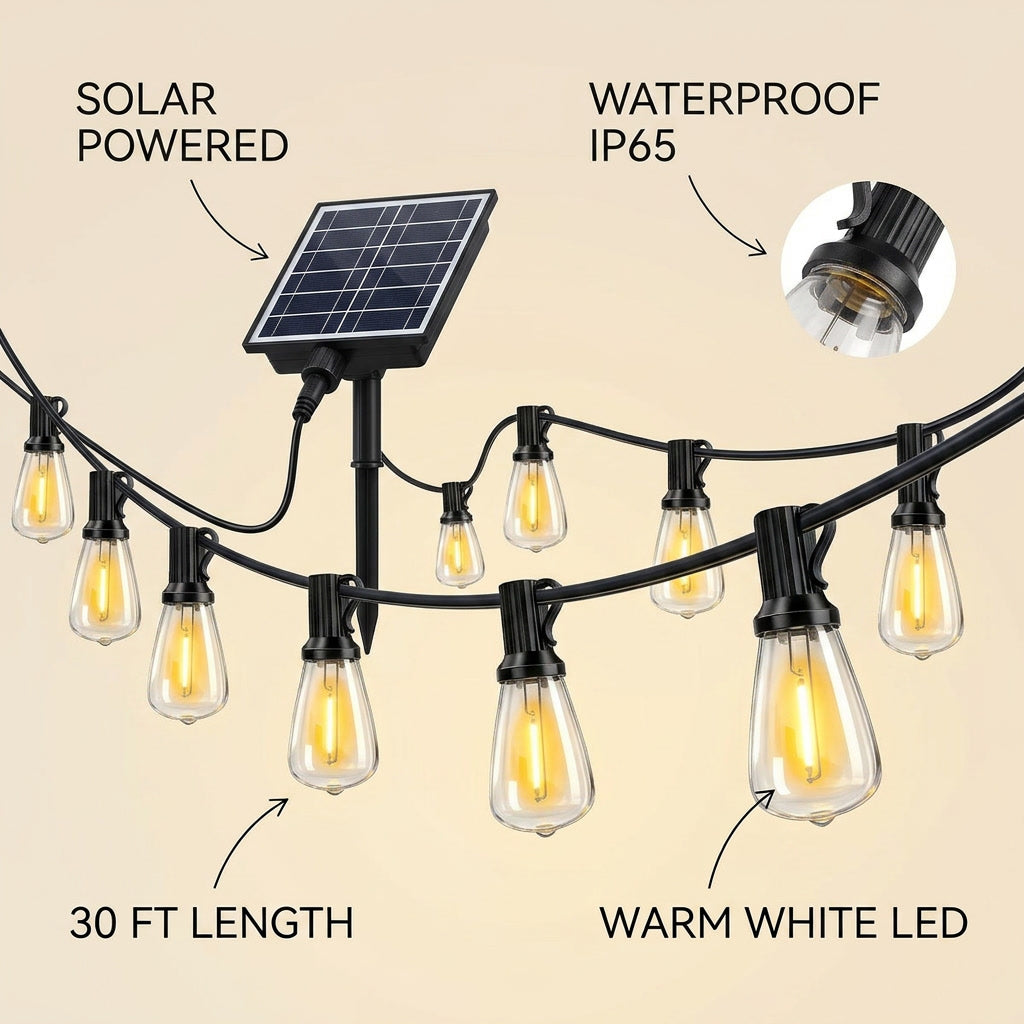 Solar String Patio Lights Outdoor Waterproof 100 L infographic - Syvah