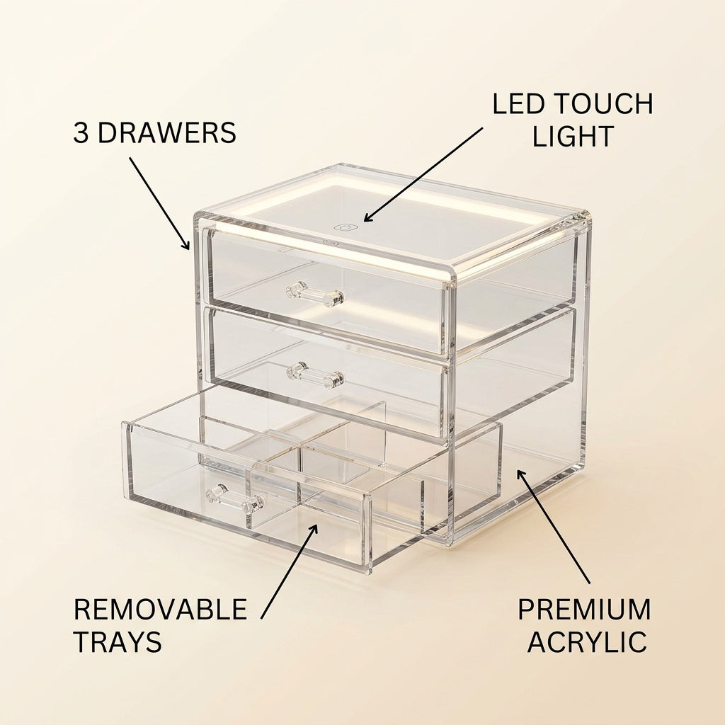 Acrylic 3-Drawer Makeup Organizer LED Touch Light  infographic - Syvah