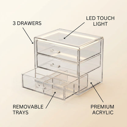 Acrylic 3-Drawer Makeup Organizer LED Touch Light  infographic - Syvah