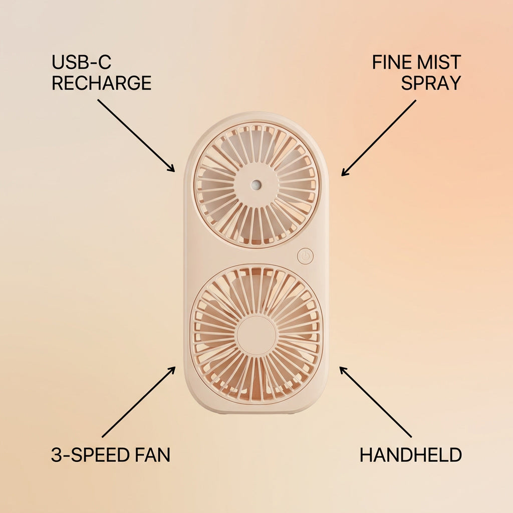 Portable Mini Spray Bottle Fan USB Rechargeab infographic - Syvah
