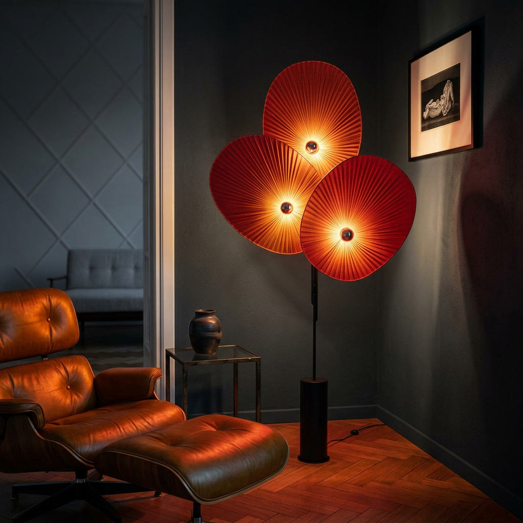 Red Fan Floor Lamp, Pleated Acrylic