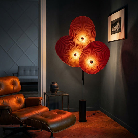 Red Fan Floor Lamp, Pleated Acrylic