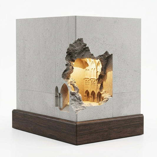 Cathedral Ruins 3D Paper Sculpture Night Light Architectural Diorama Lamp Walnut Base