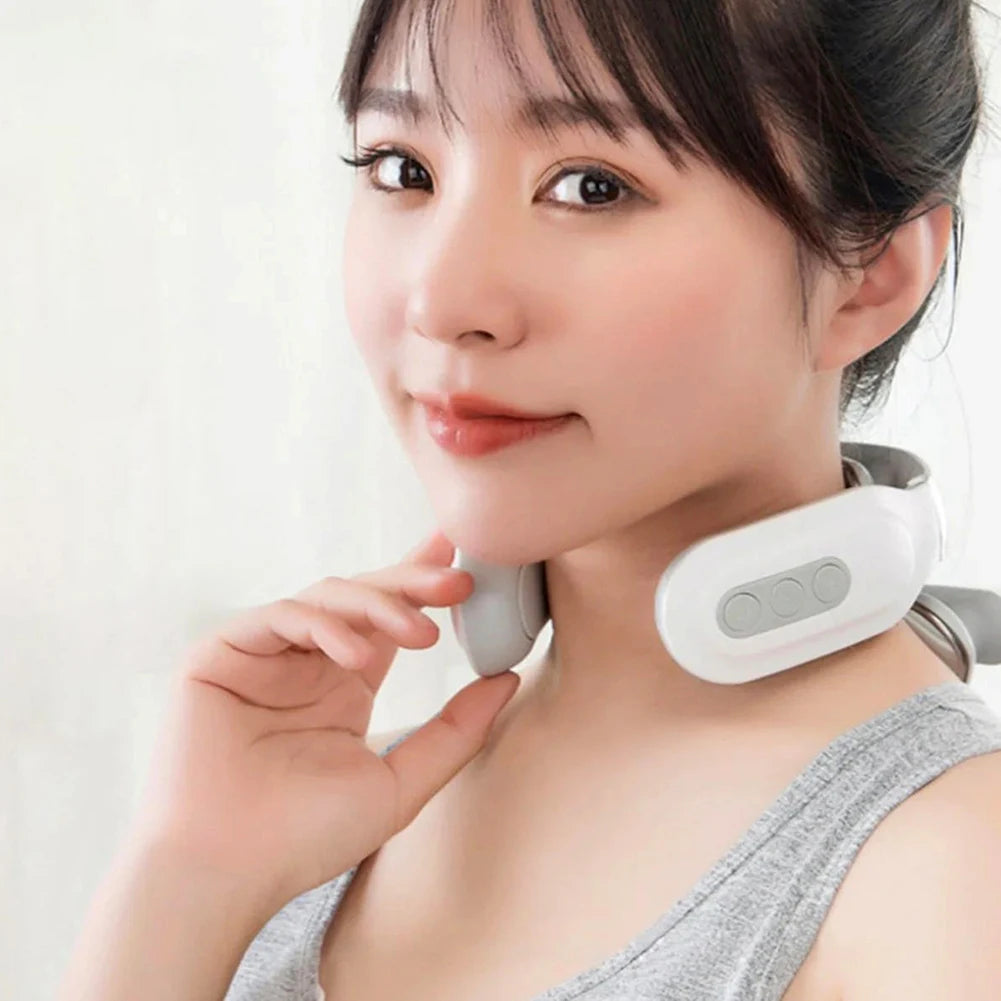 Pulse neck massager with heat worn on neck — real product photo