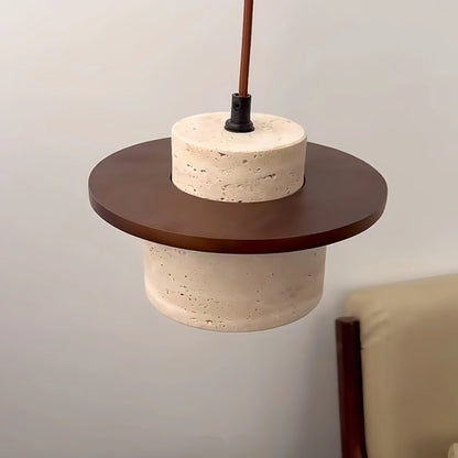 Travertine & walnut pendant light, close detail of natural stone shade