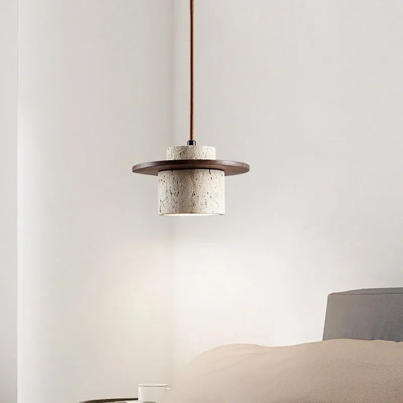 Wabi-Sabi Travertine Pendant Light, Natural Stone & Walnut — styled bedroom
