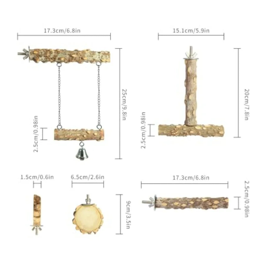 Natural Wood Branch Perch Set for Bird Cage, Multi-Pack
