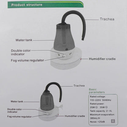 Reptile Fogger & Terrarium Humidifier for Geckos & Frogs — 3L Tank, Adjustable Fog with Hose