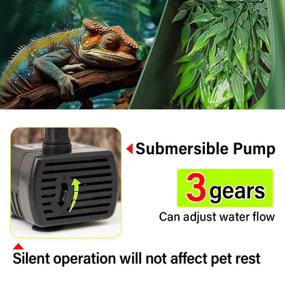 Quiet 3-speed submersible pump circulates water without disturbing your reptile