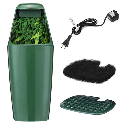 Reptile drinking fountain with submersible pump, carbon filter pad and base — what's included