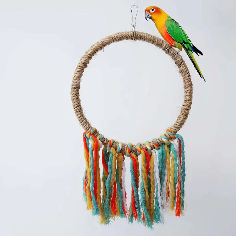 Natural Rope Ring Bird Swing with Cotton Tassels