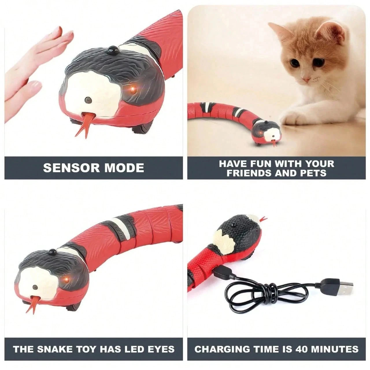 Interactive Electric Snake Cat Toy — Motion-Sensing, Auto-Shutoff, USB Rechargeable