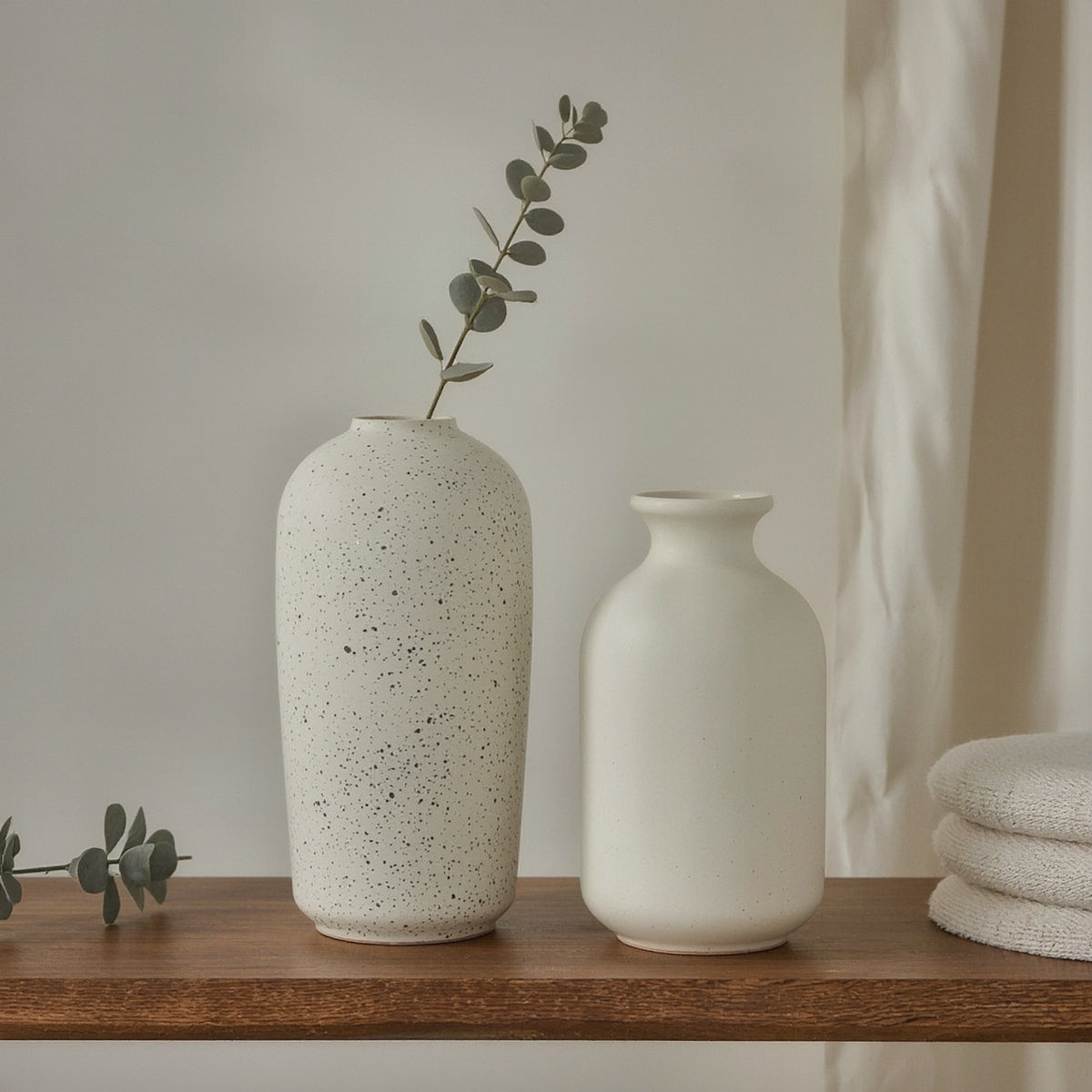 Cream Speckled Ceramic Bottle Vase, Minimalist - home decor piece, view 2 of 3
