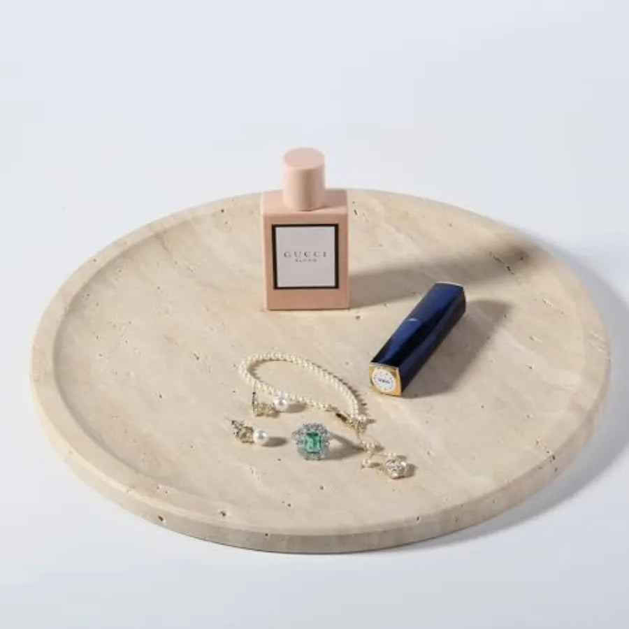 Solid Natural Travertine Serving Tray, Wabi-Sabi Stone Catch-All — round, styled with perfume and jewelry