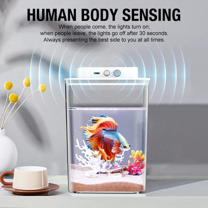 Desktop Betta Fish Tank with Motion-Sensor LED Light — Shatterproof, Built-In Feeding Hole