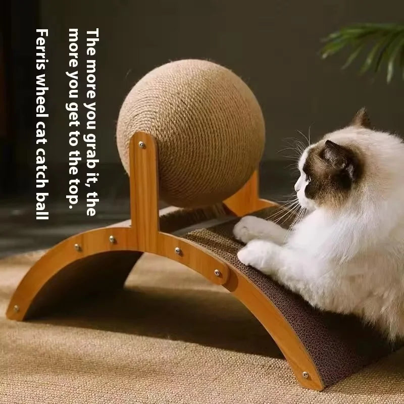 Wooden Cat Scratcher with Sisal Ball & Curved Scratch Pad — Sturdy Interactive Scratching Post