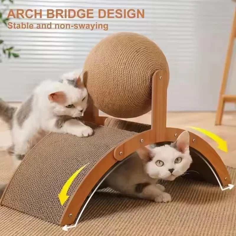 Wooden Cat Scratcher with Sisal Ball & Curved Scratch Pad — Sturdy Interactive Scratching Post