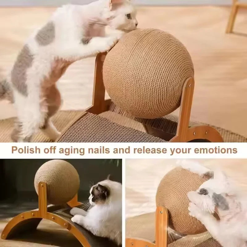 Wooden Cat Scratcher with Sisal Ball & Curved Scratch Pad — Sturdy Interactive Scratching Post