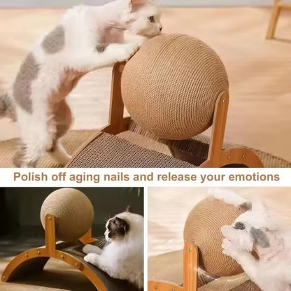Wooden Cat Scratcher with Sisal Ball & Curved Scratch Pad — Sturdy Interactive Scratching Post