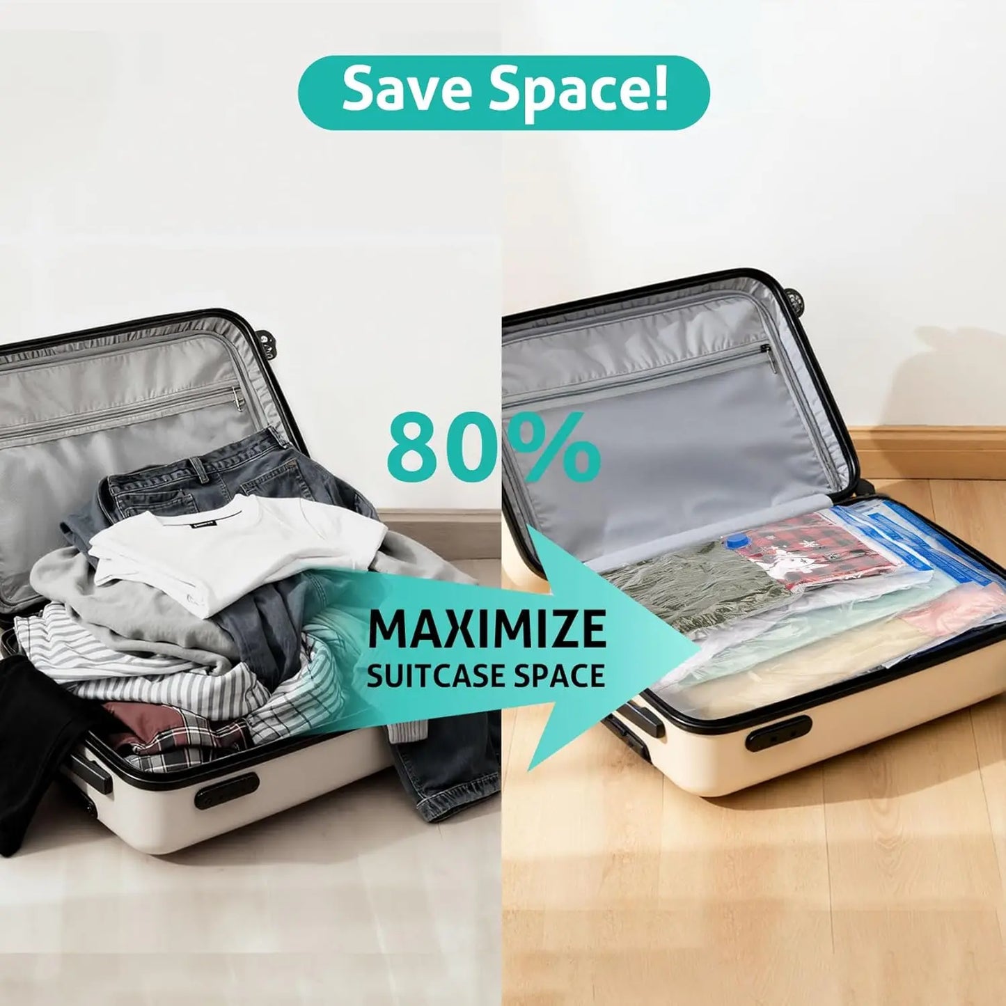 Vacuum Compression Storage Bags for Clothes and Bedding, Reusable Set
