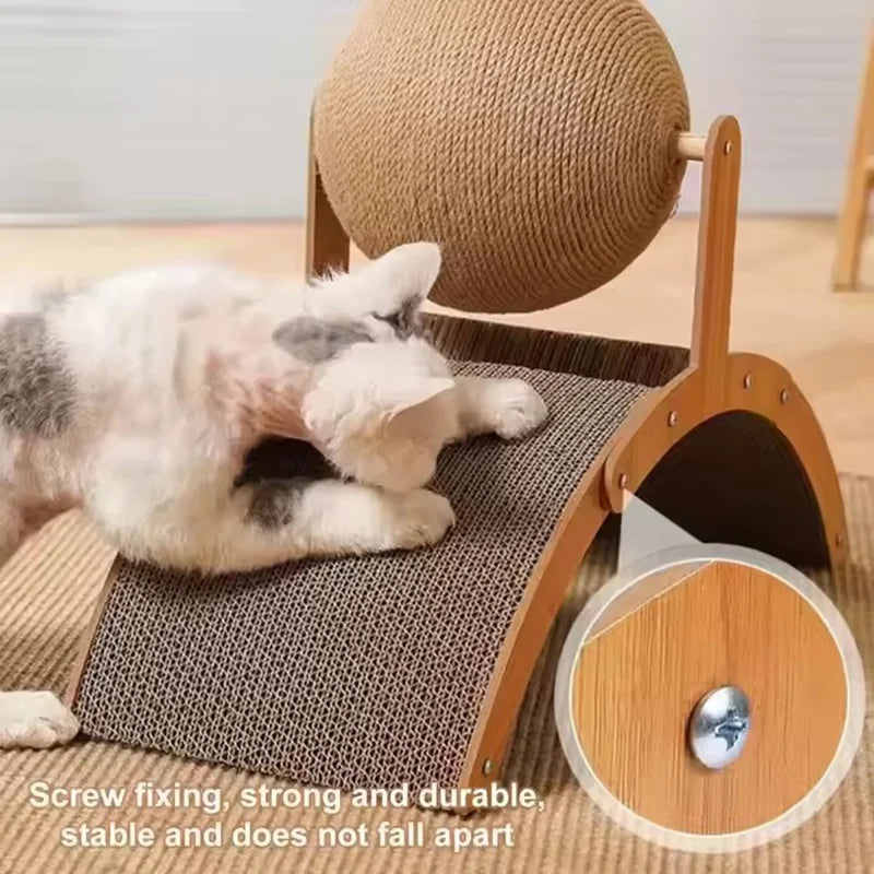 Wooden Cat Scratcher with Sisal Ball & Curved Scratch Pad — Sturdy Interactive Scratching Post