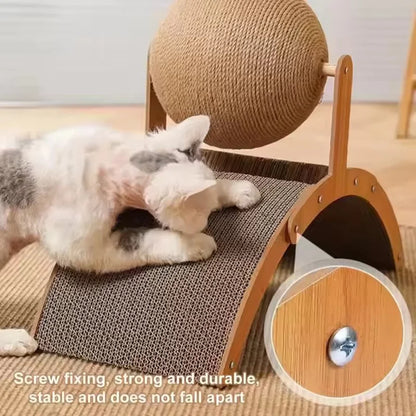 Wooden Cat Scratcher with Sisal Ball & Curved Scratch Pad — Sturdy Interactive Scratching Post