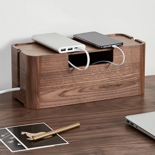 Walnut Wood Cable Management Box Aesthetic Desk Power Strip Hider — real product photo